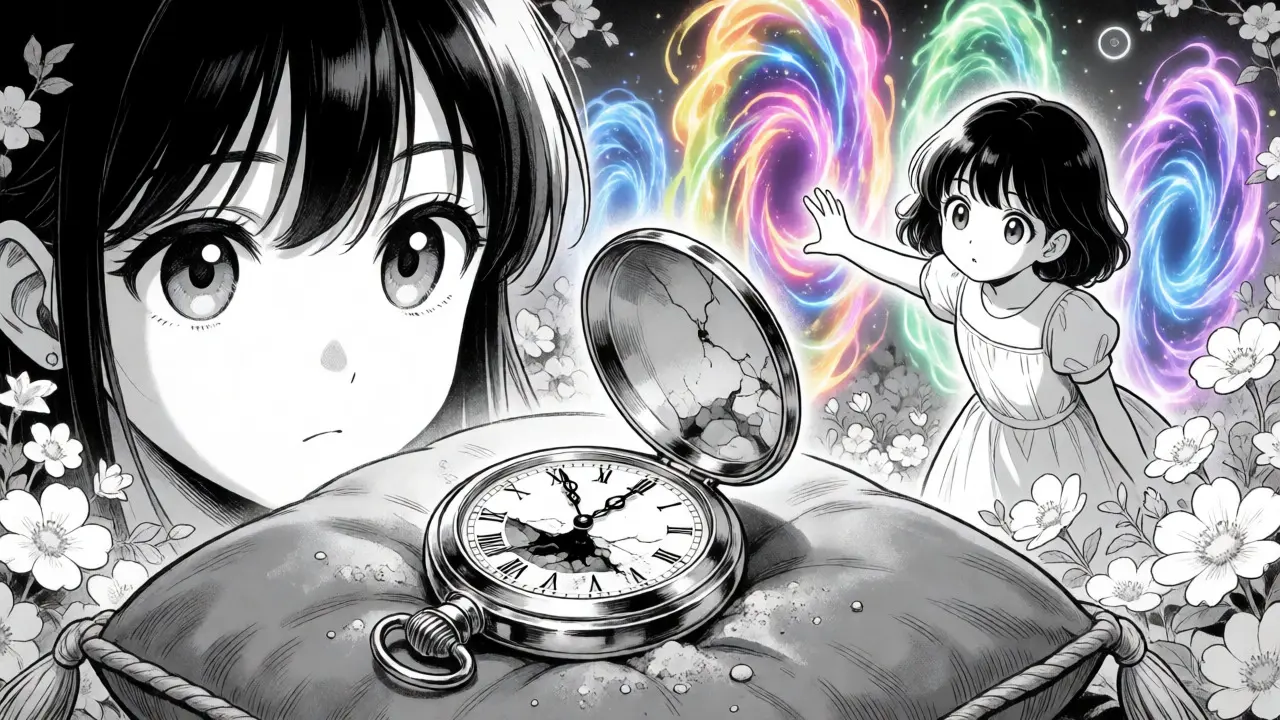 Dusty vintage watch ignored by a girl reaching for vibrant multi-chain portals.