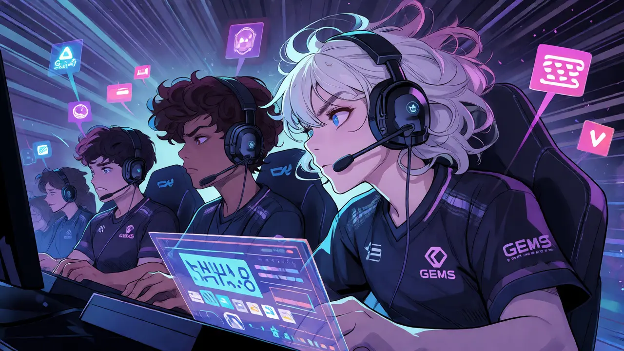 Esports team playing in a virtual arena with holographic interfaces