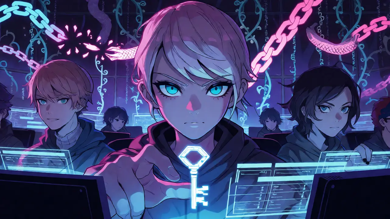 Focused hackers manipulating holographic crypto transactions in a neon-lit command center