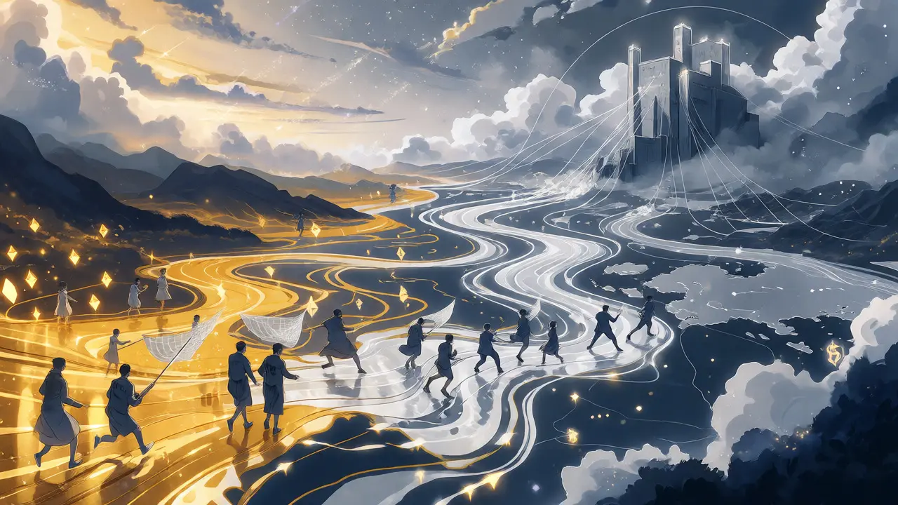 Gold Ethereum streams transforming into Bitcoin across a stylized global map