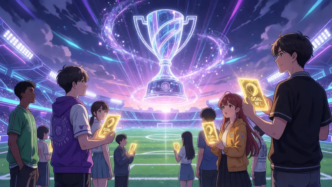 Group of anime fans celebrating with glowing NFTs in a metaverse