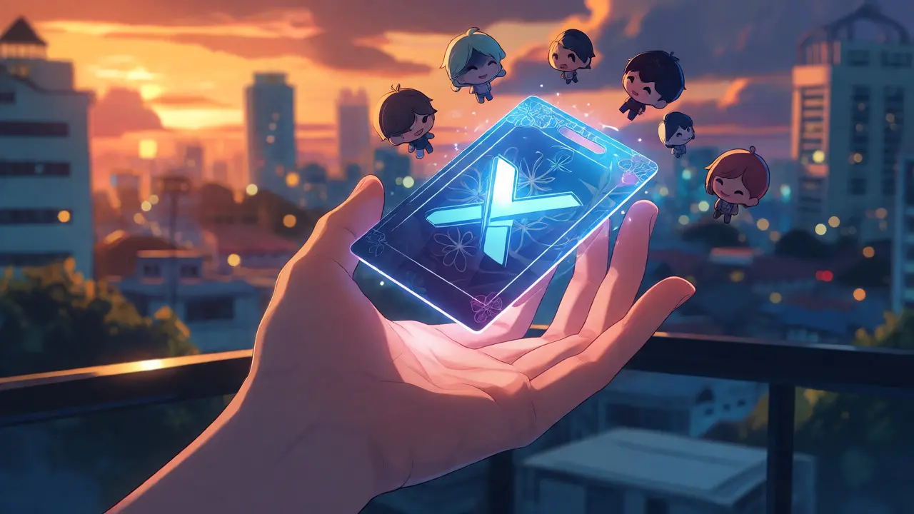Hand holding a digital key transforming into a token over a city