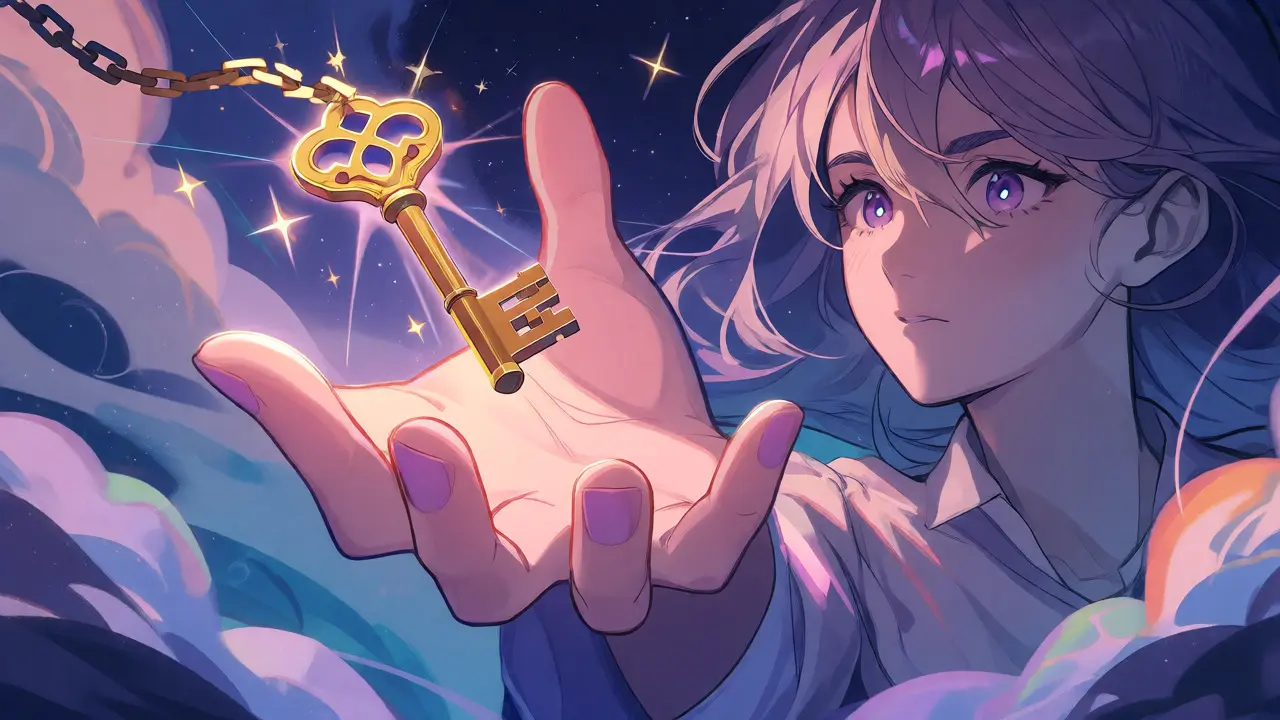 Hand reaching for a floating golden key amidst dreamy stars and broken chains.