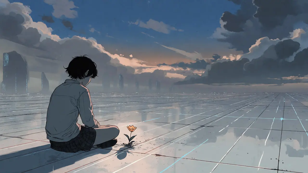 Lone anime figure on a vast digital plain representing low liquidity
