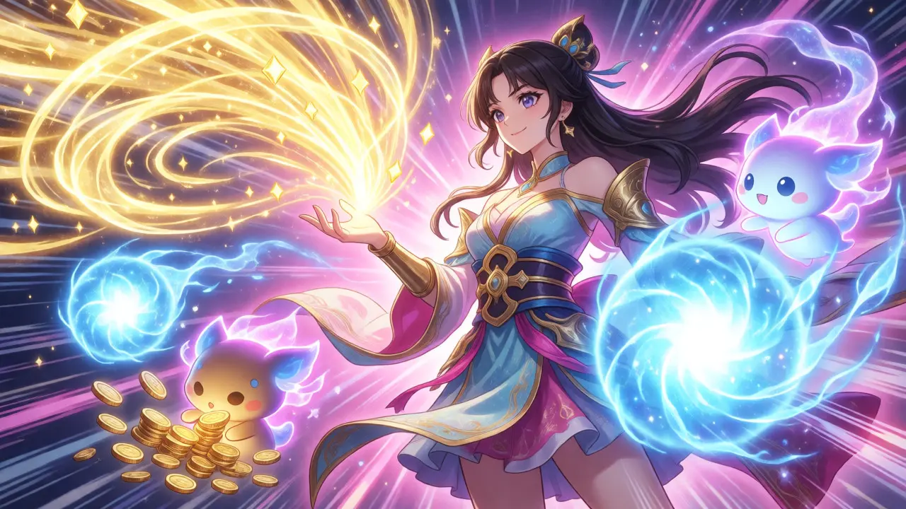 Magical anime scene showing automatic reward collection from trades