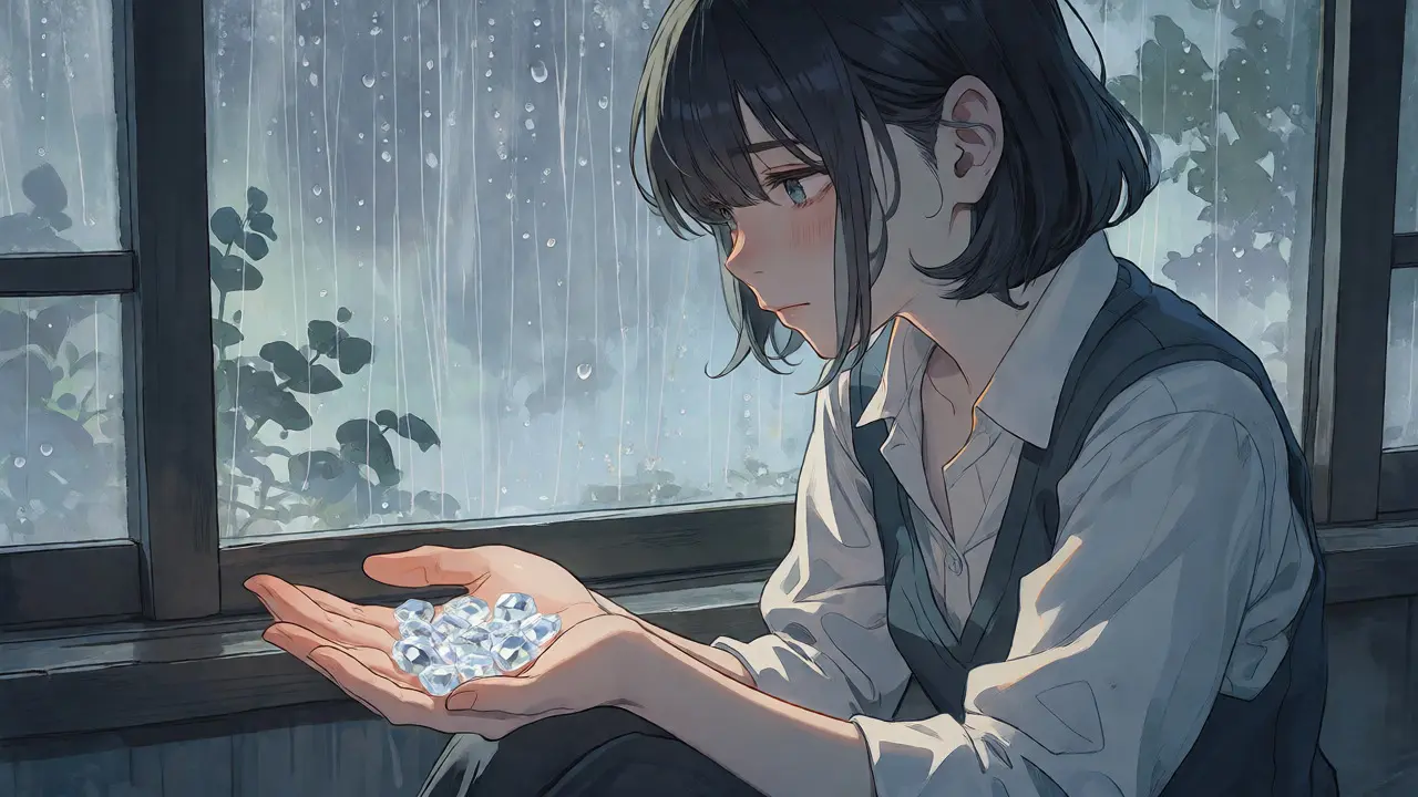 Melancholic anime character holding tiny tokens during a rainy day.