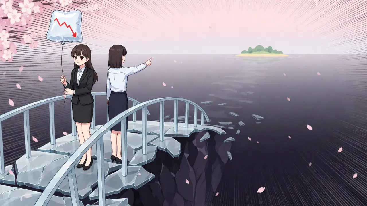 Melancholic anime characters standing on a broken bridge as a value chart plummets.