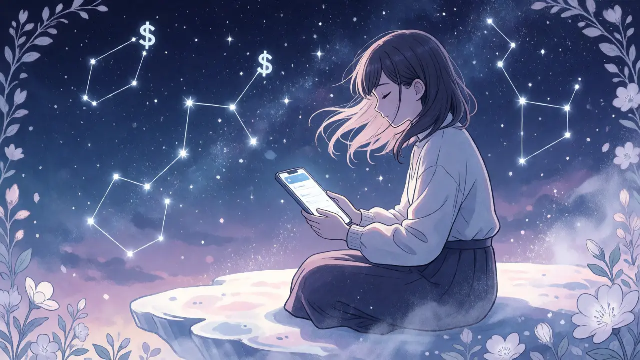 Peaceful anime character watching passive income grow under stars