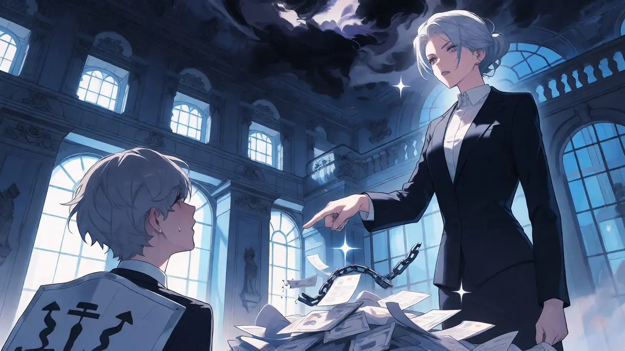Regulator confronting a man with scattered documents in a dramatic shoujo scene.