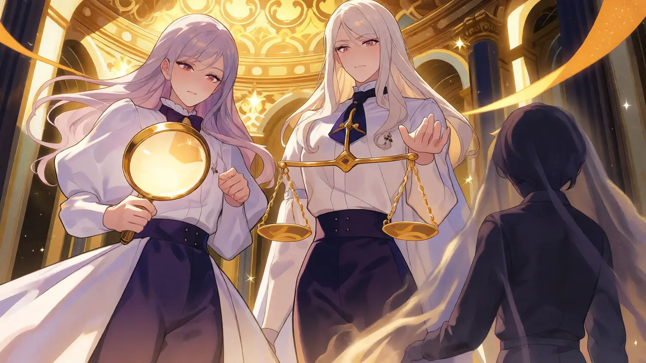 Regulatory figures with magnifying glass and scale confronting a shadowed figure in a shoujo manga scene.