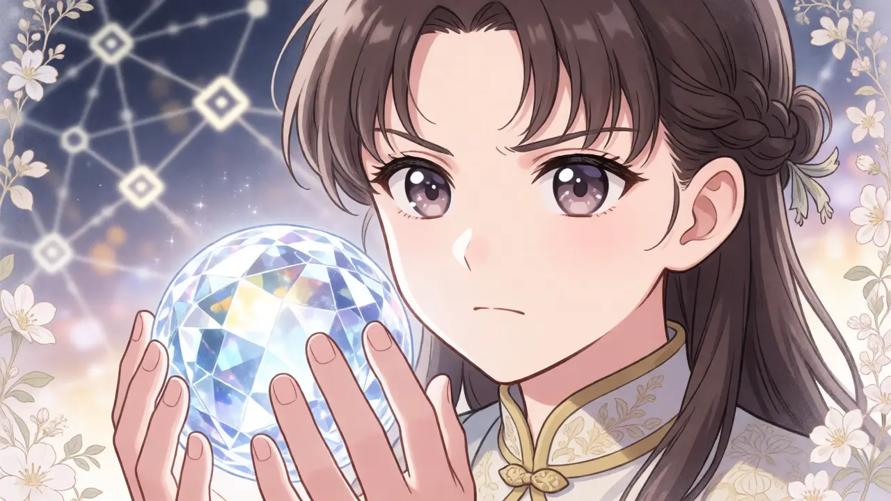 Shoujo trader holding fragile AMPLE token crystal