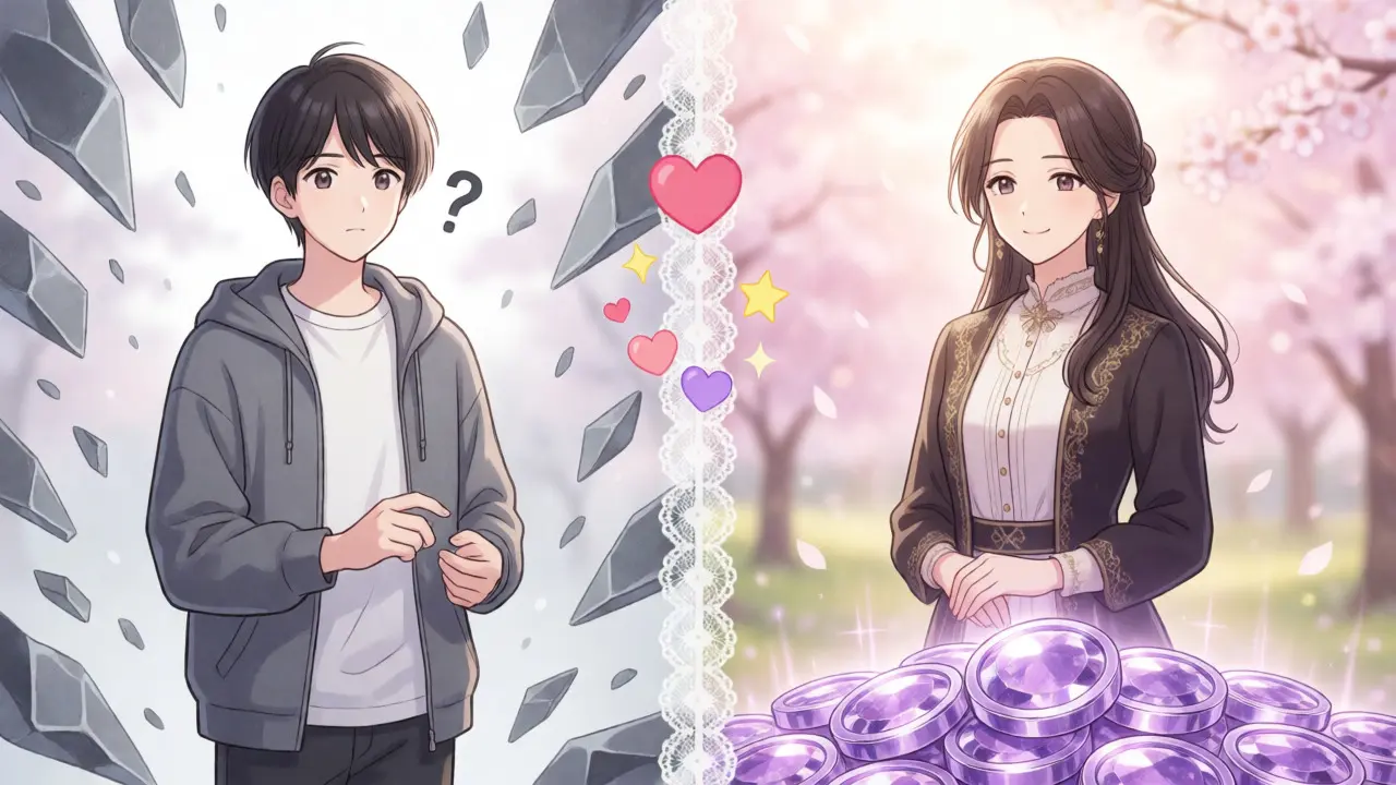 Split screen anime scene showing confusion versus serenity with gem-like coins