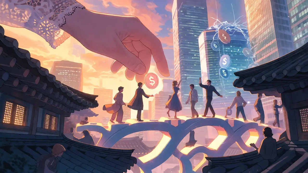 Traders verifying IDs in a futuristic, hopeful Korean financial landscape.