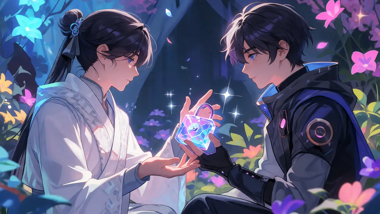 Two anime characters exchanging a glowing token lock in a garden