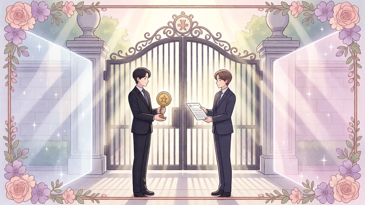 Two figures approving transactions at an ornate gate with floral decorations.