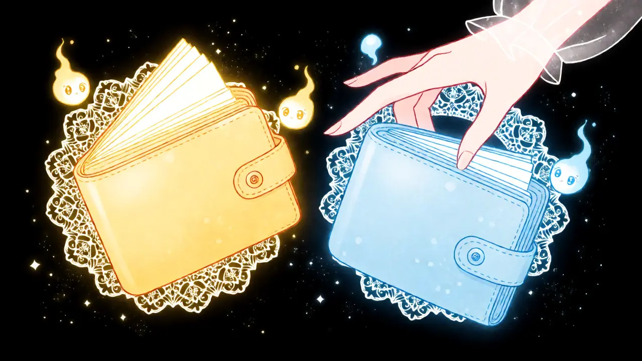 Two glowing wallets separated in a starry void
