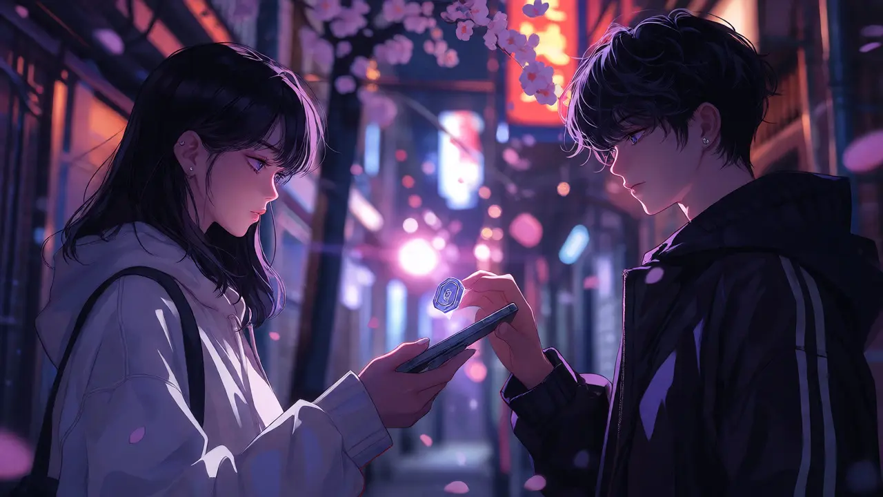 Two people exchanging digital assets in a city alley