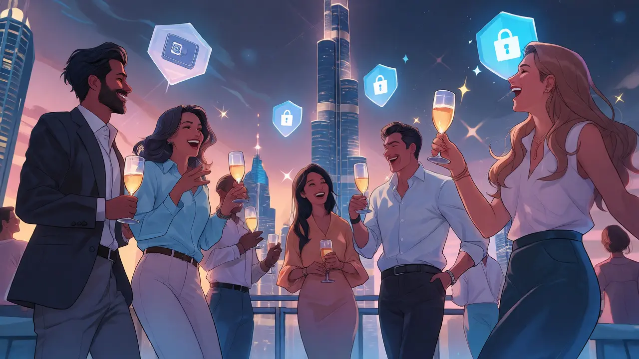 Team celebrating crypto license on Dubai rooftop